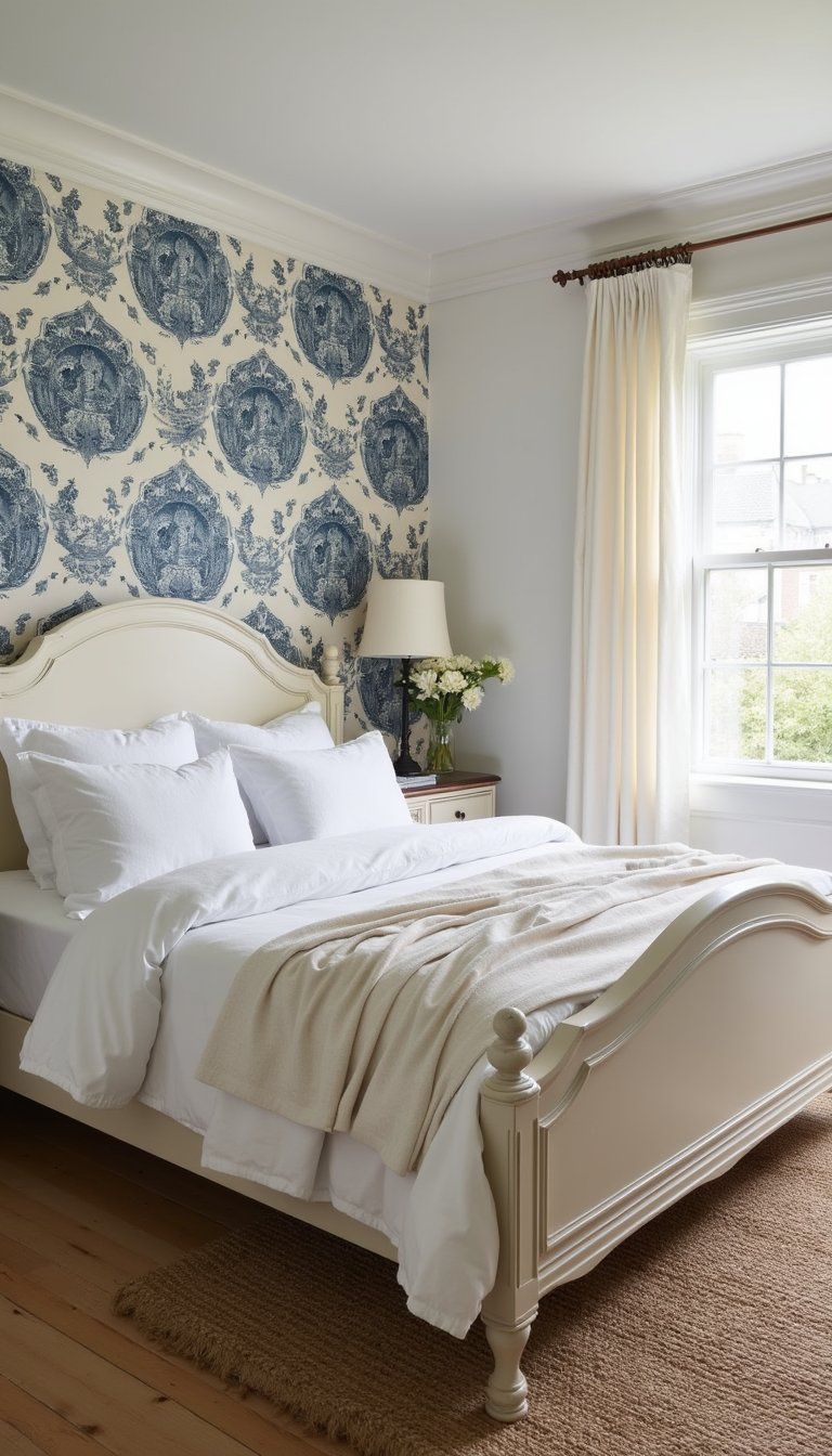 Toile Wallpaper Accent Wall Behind Bed