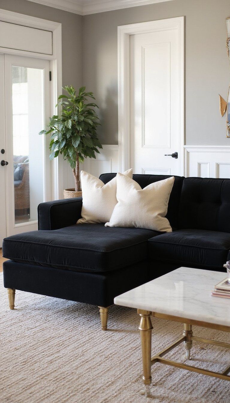 Black Velvet Sectional With Brass Legs