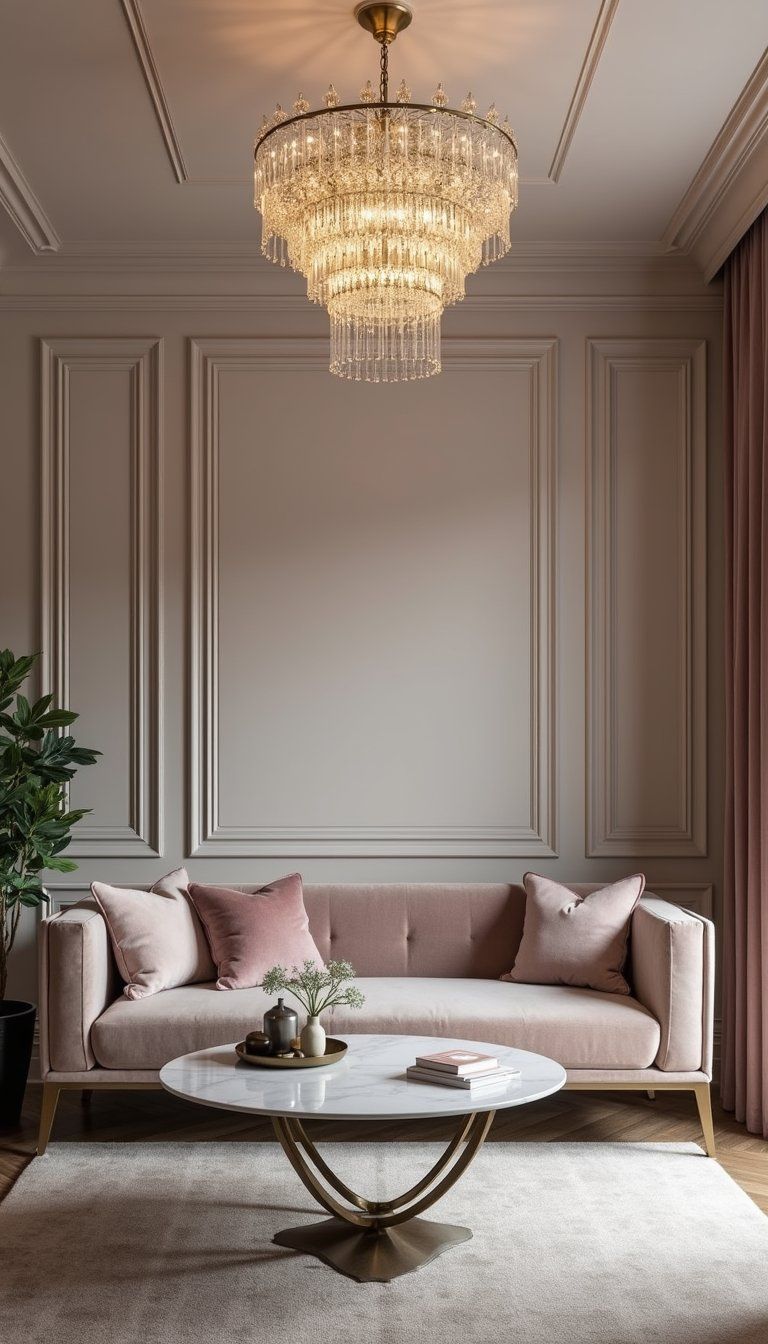 Crystal Chandelier Centerpiece Over Living Sofa