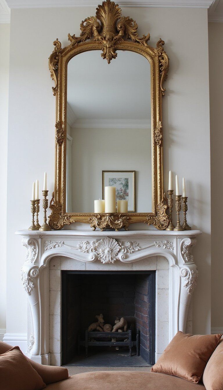 Oversized Ornate Mirror Above Mantel Focal Point