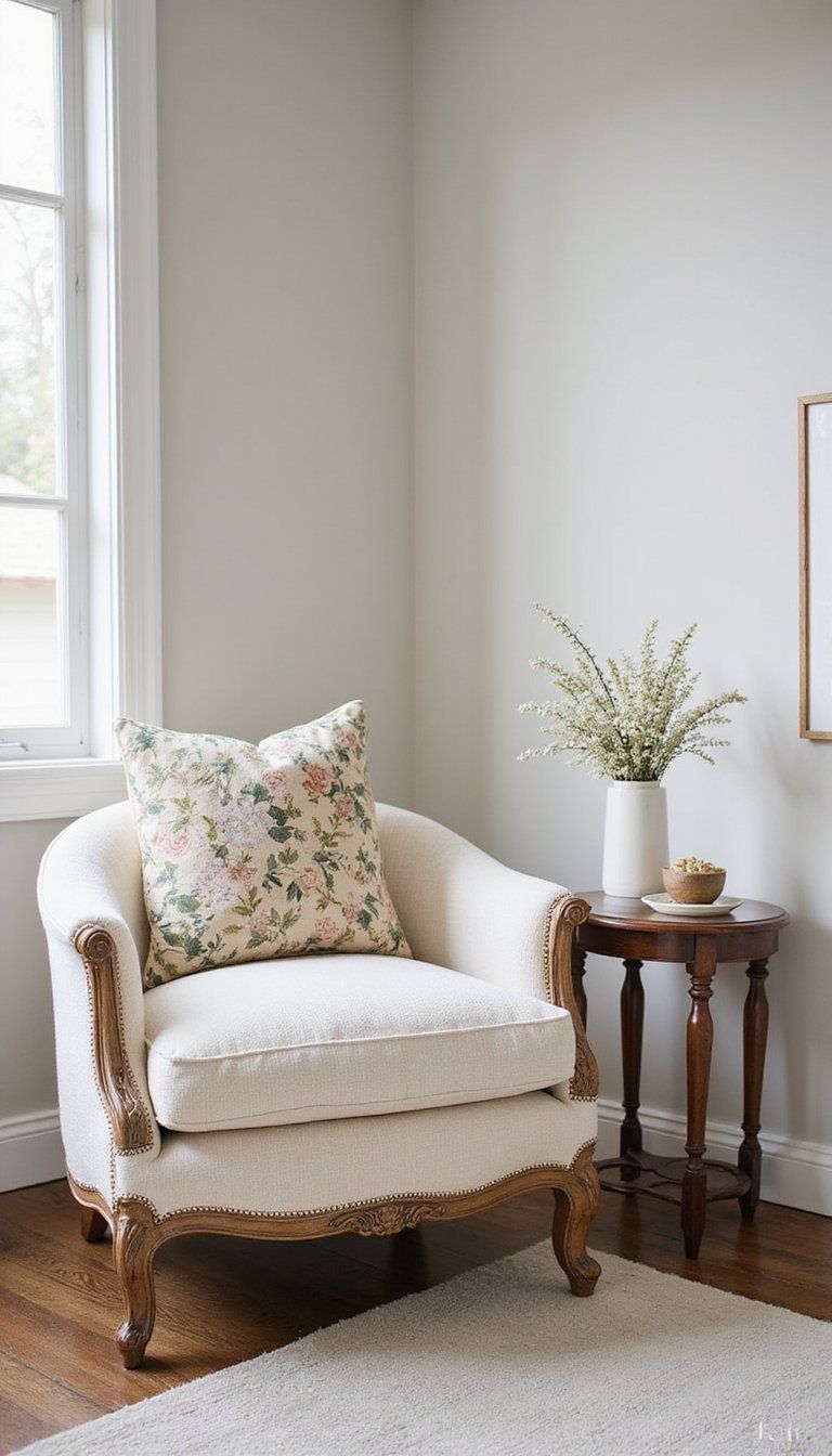 Bouclé Accent Chair With Floral Cushion