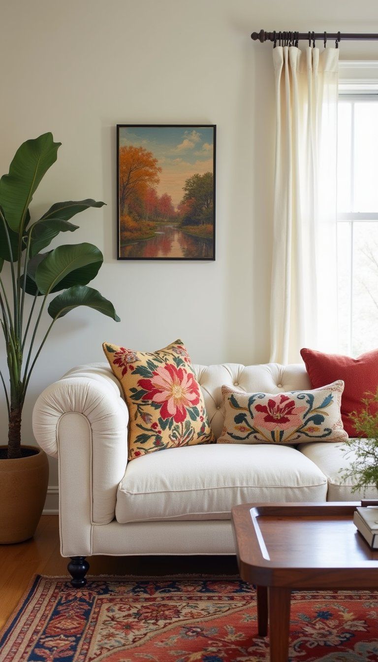 Tufted Sofa Paired With Needlepoint Pillows