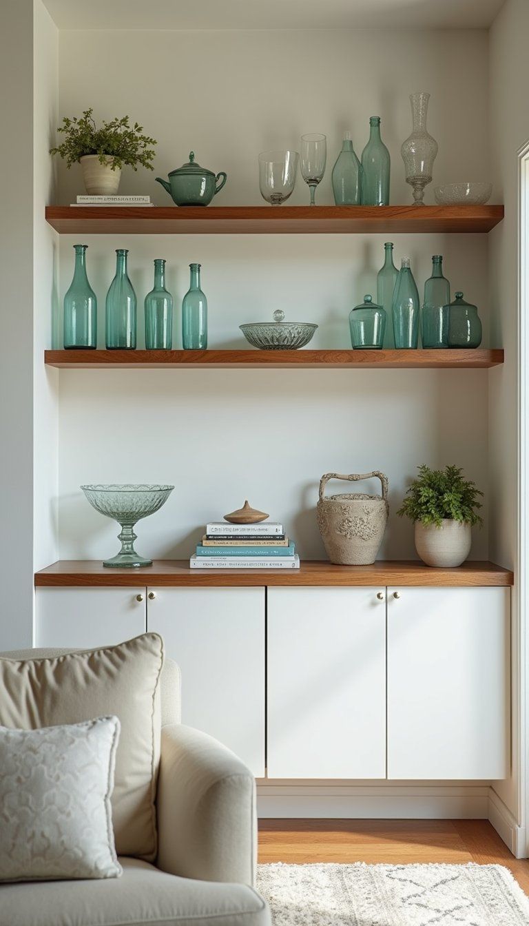 Vintage Glassware Display On Open Shelves