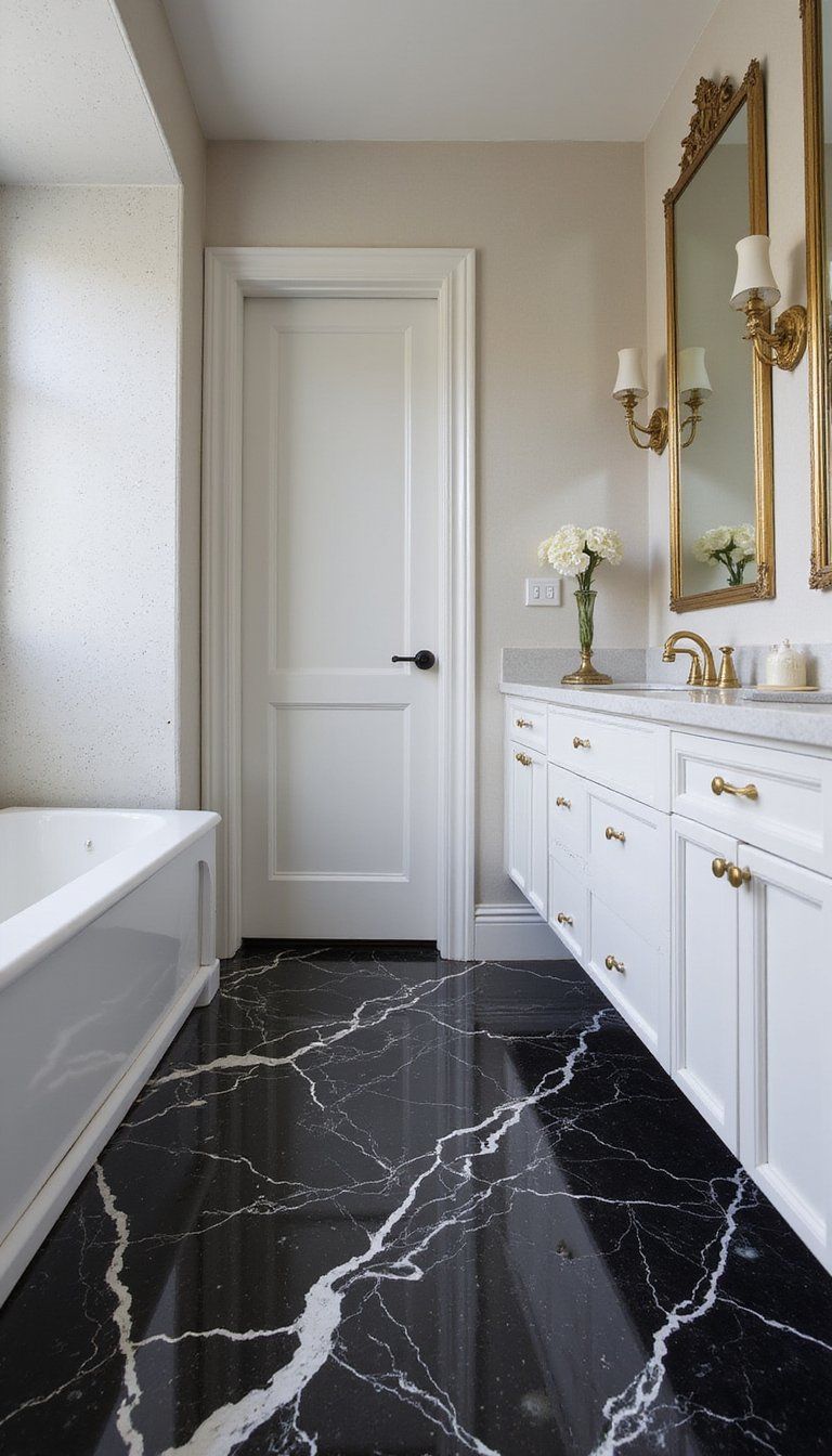 Black Marble Floor With Shiny Brass Hardware