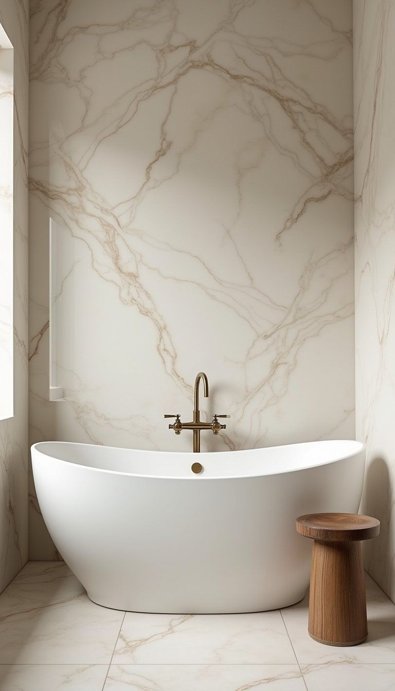 Cream Marble Tub Surround And Brushed Brass Tapware