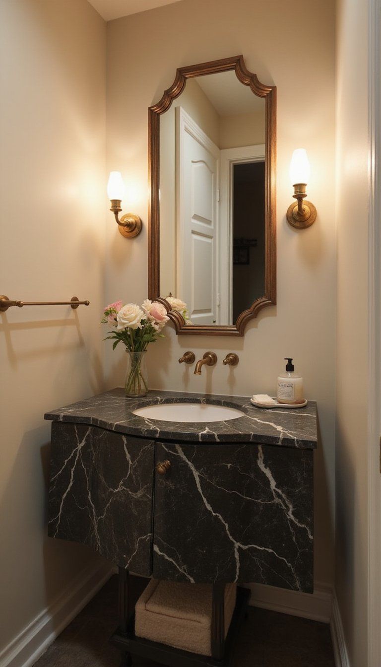 Dark Marble Vanity Top With Warm Brass Lighting