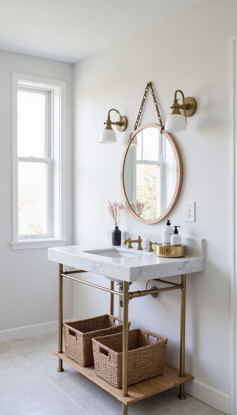 Floating Marble Countertop With Brass-Legged Vanity
