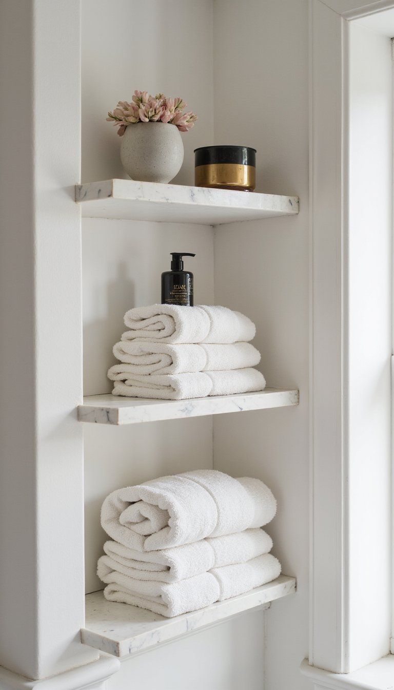 Layered Marble Shelves With Brass Accent Trims