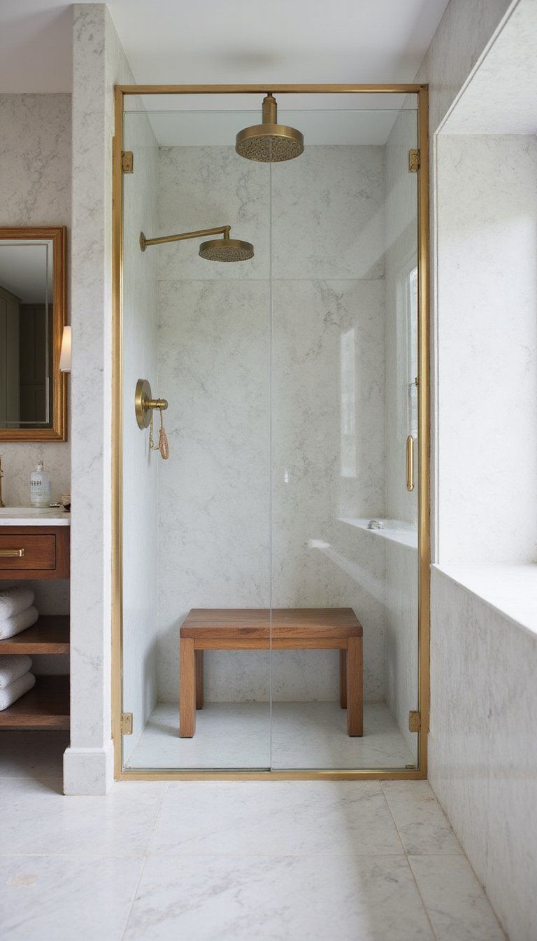 Matte Brass Shower Frame Against Honed Marble