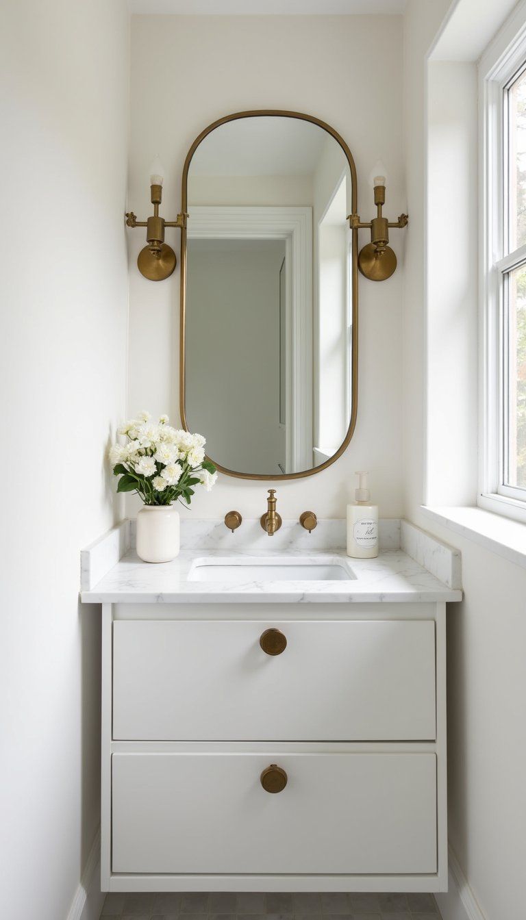Minimal White Marble Powder Room With Brass Mirror