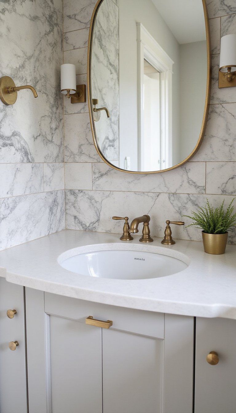 Mixed Marble Tones Paired With Satin Brass