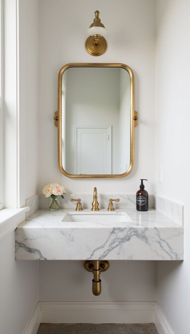 Small Powder Room Elevated With Marble And Brass