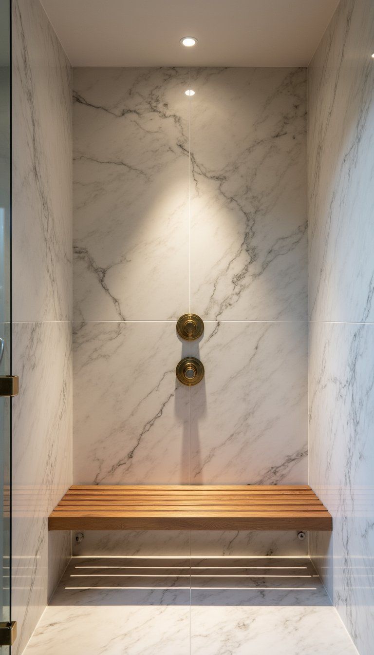 Spa-Like Marble Steam Shower With Brass Details