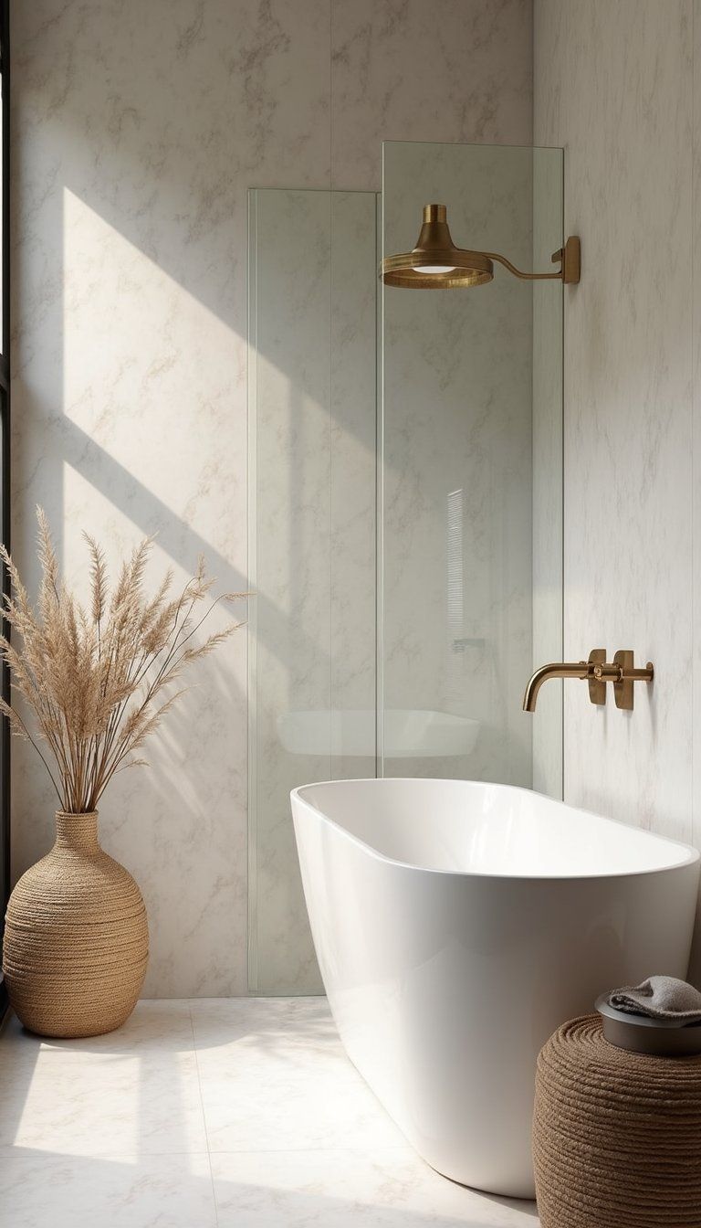 Textured Honed Marble Paired With Brushed Brass Fixtures