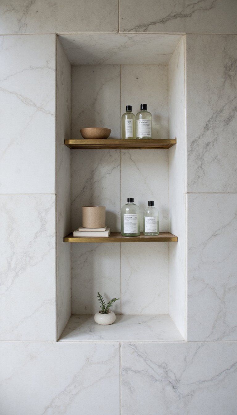 Veined Marble Shower Niche With Slim Brass Shelves