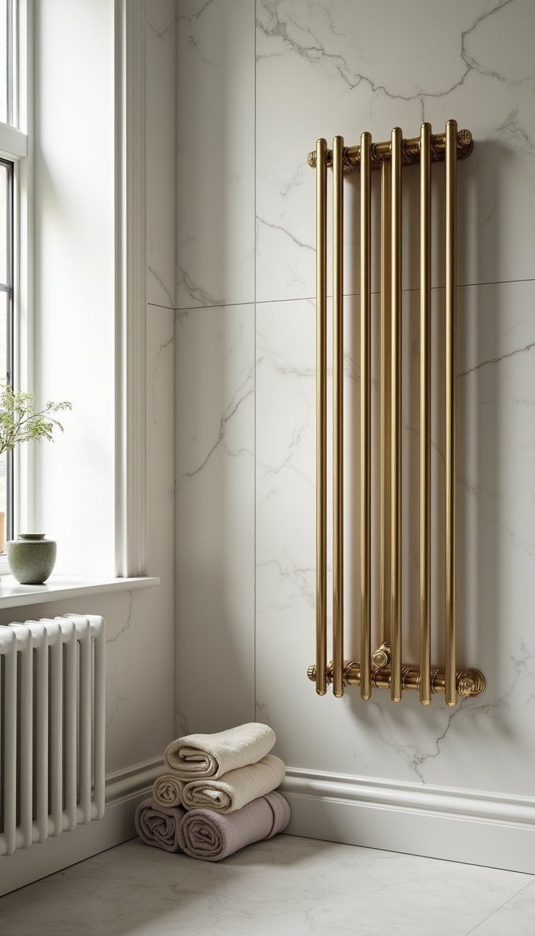 Vintage Brass Radiator Against Polished Marble Wall
