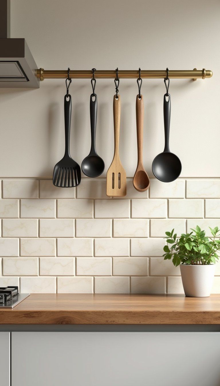 Brass Rail Ledge With Hanging Hooks