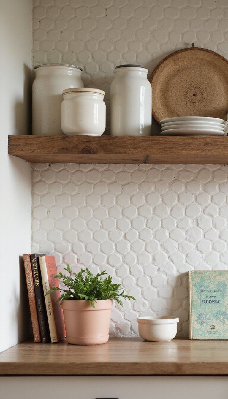 Reclaimed Wood Ledge Over Matte Hex Tile