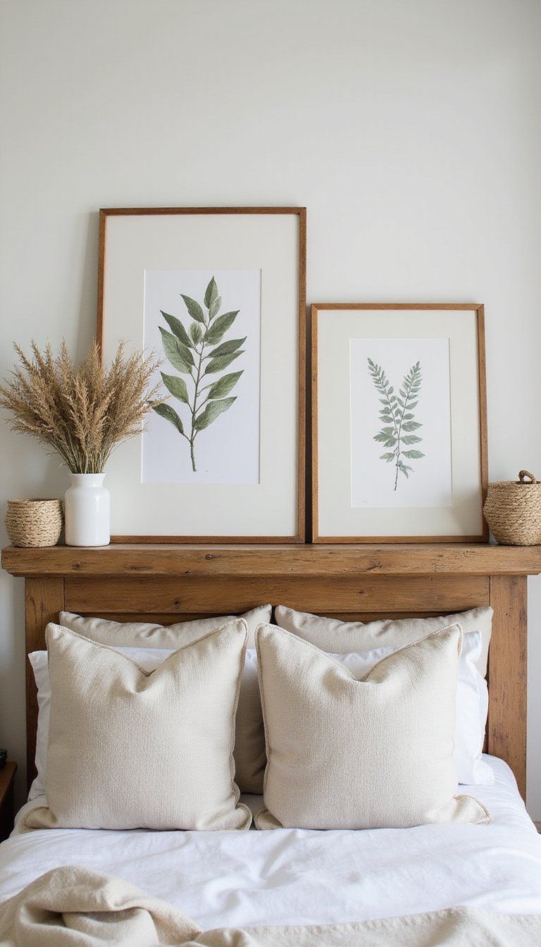 Botanical Prints Gallery Over A Wooden Mantel