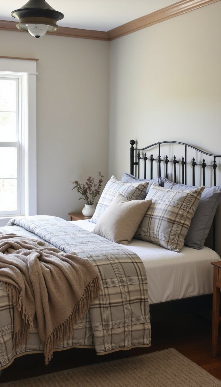 Neutral Plaid Bedding For Subtle Country Flair