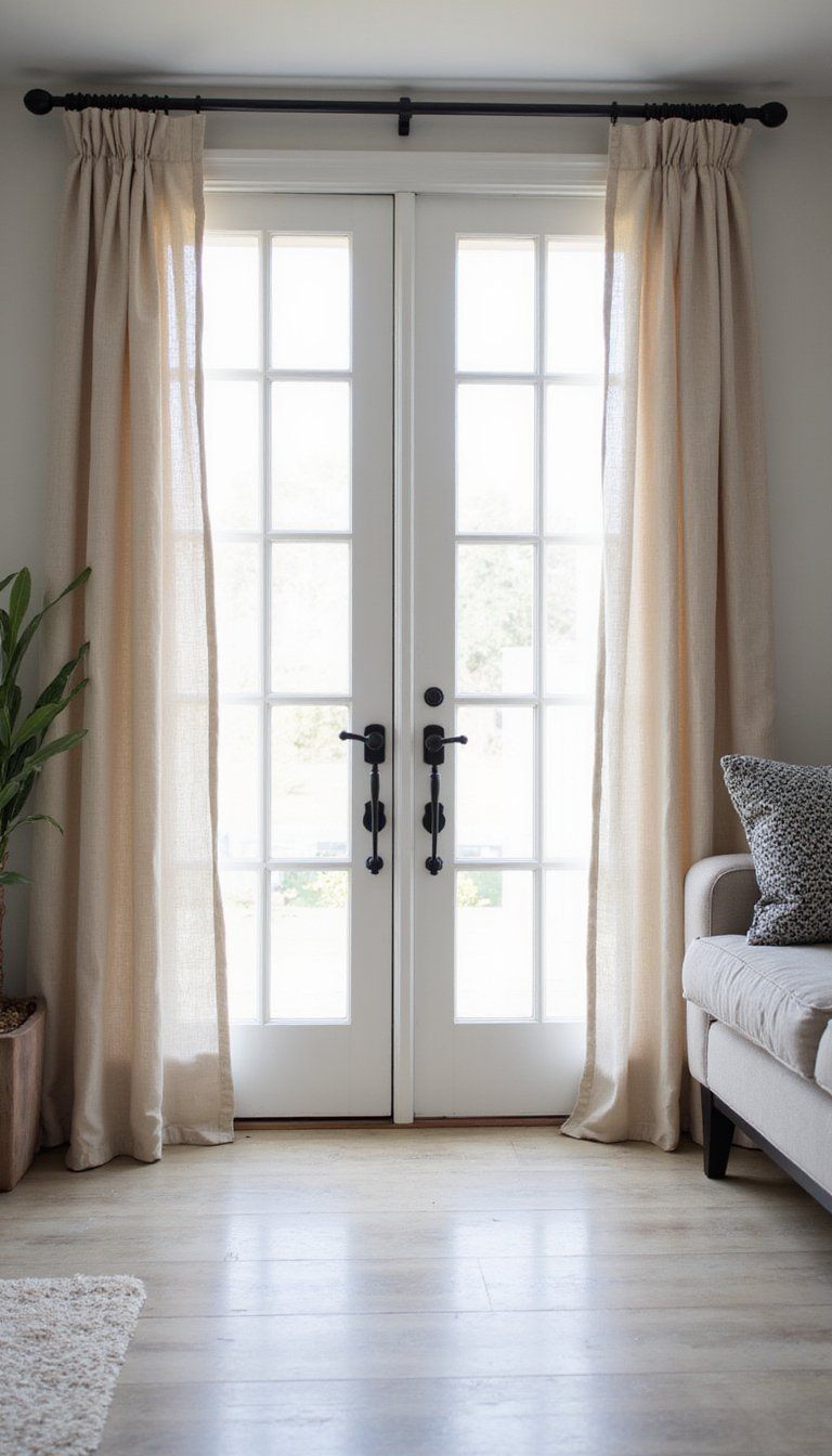 French Doors With Sheer Linen Curtains