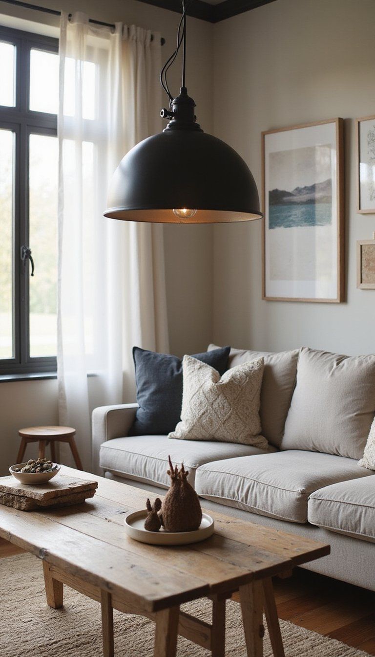 Industrial Pendant Over Farmhouse Coffee Table