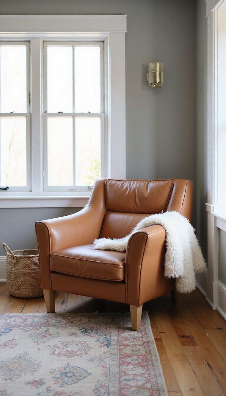 Leather Accent Chair With Worn Throw Rug