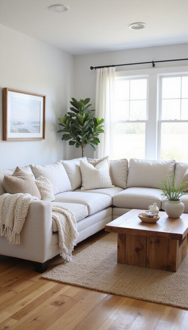 Neutral Linen Sectional With Barnwood Coffee Table