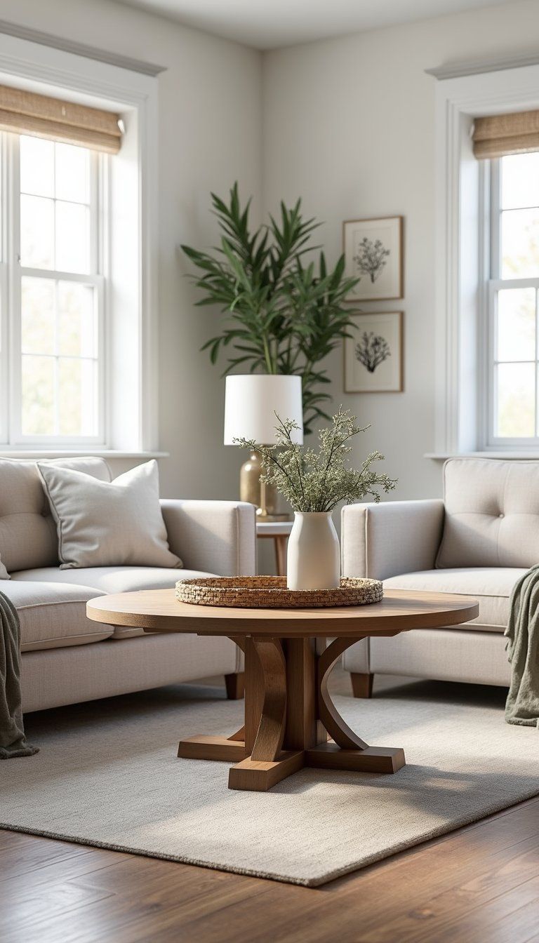 Round Farmhouse Table As A Coffee Centerpiece