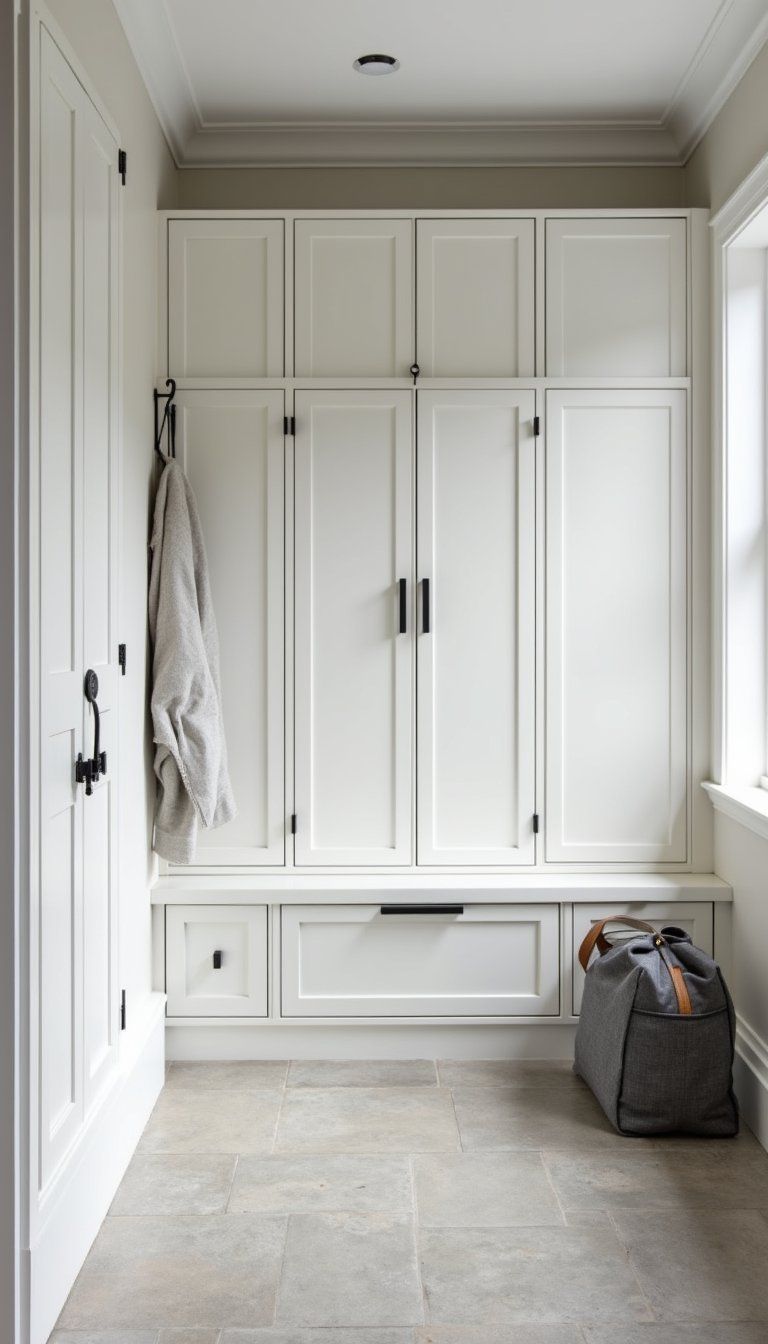 Monochrome Minimal Mudroom With Clean Lines