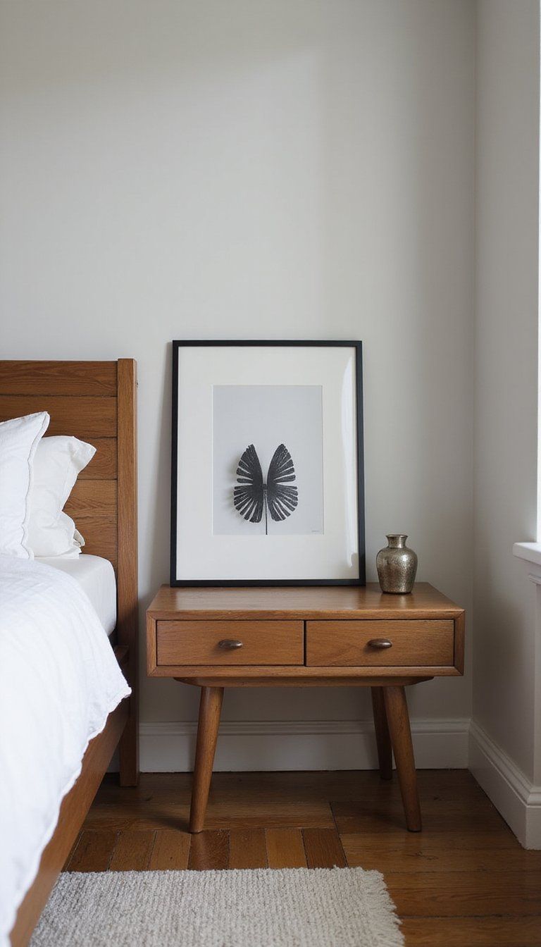 Art-Led Nightstand With Leaned Prints And Sculptures