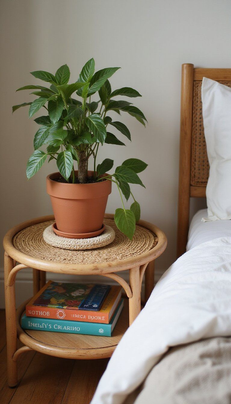 Boho Nightstand With Woven Textures And Greenery