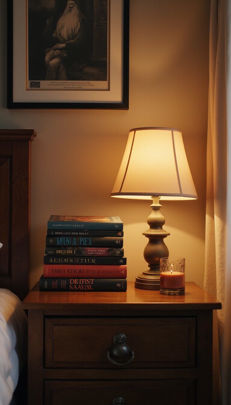 Bookish Nightstand With Stacked Reads And Candlelight