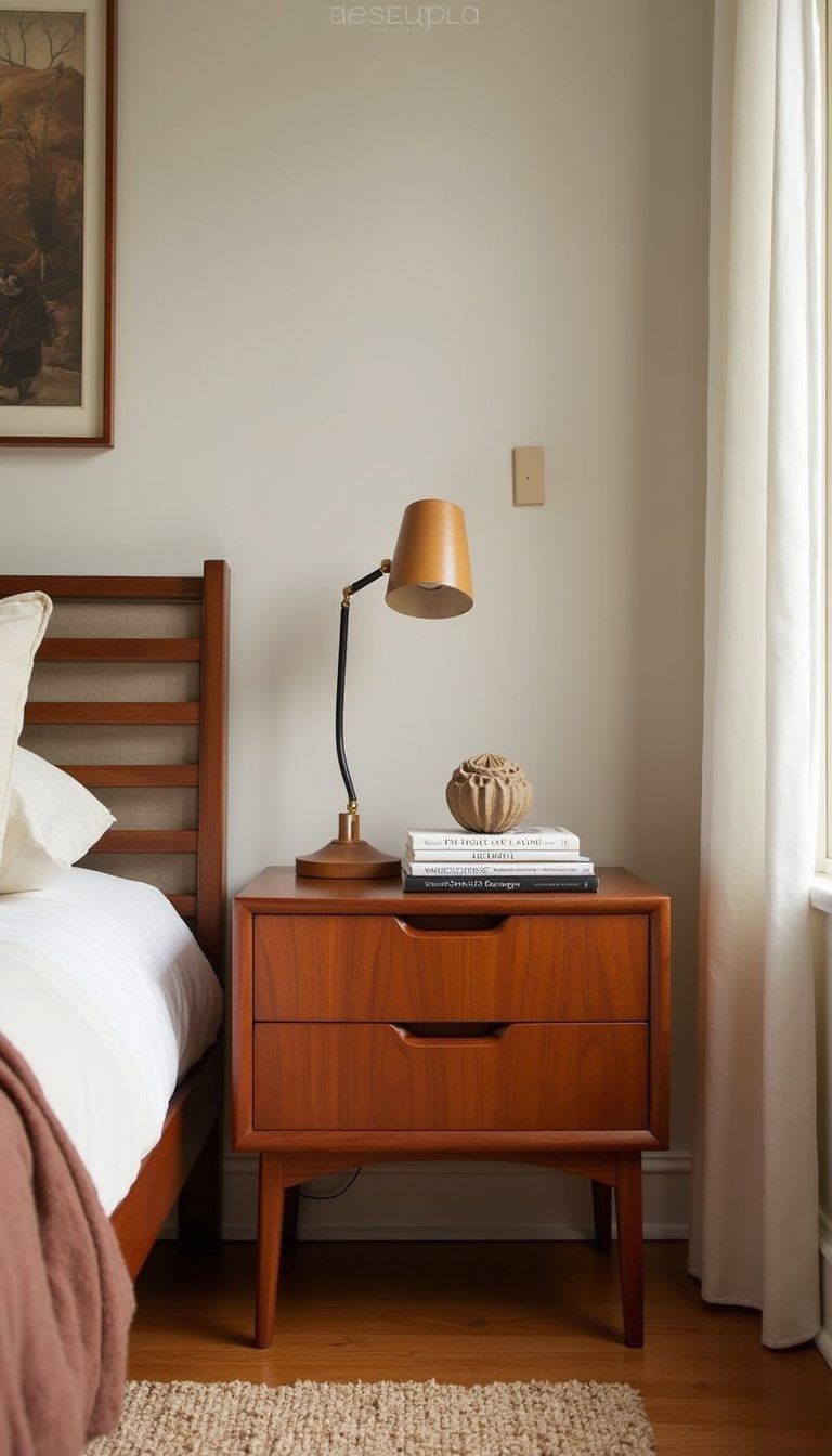 Mid-Century Nightstand With Retro Lamp And Art