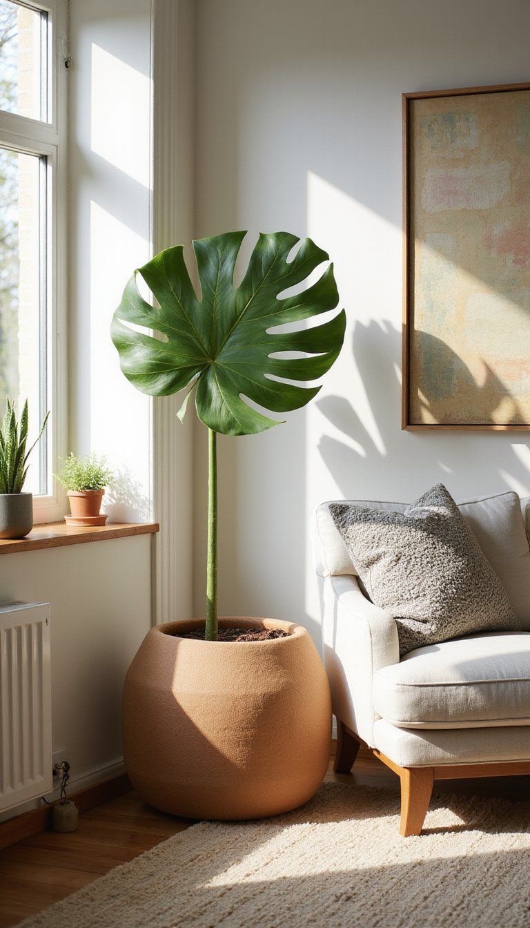 Ottoman As Plant Stand For Green Styling