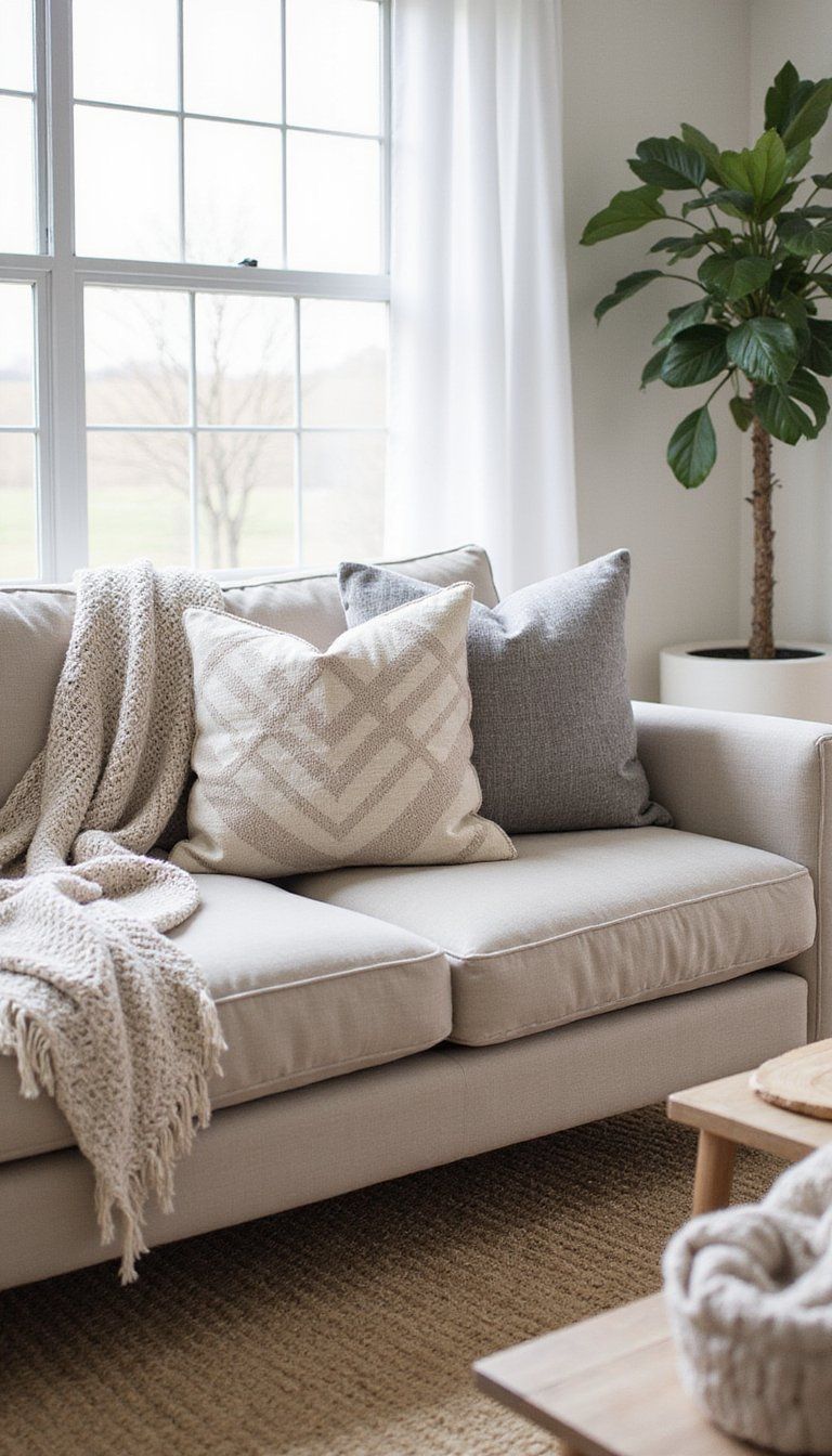 Layered Neutrals With Geometric Accent Pillows