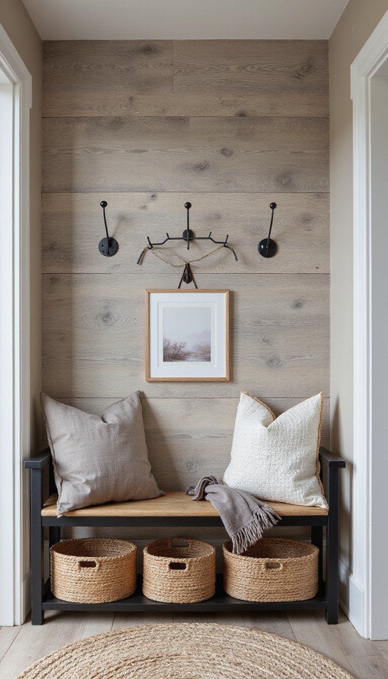 Warm Faux Wood Plank Feature Wall For Entry