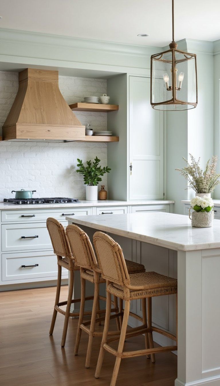 Coastal Kitchen With Rattan Bar Stools
