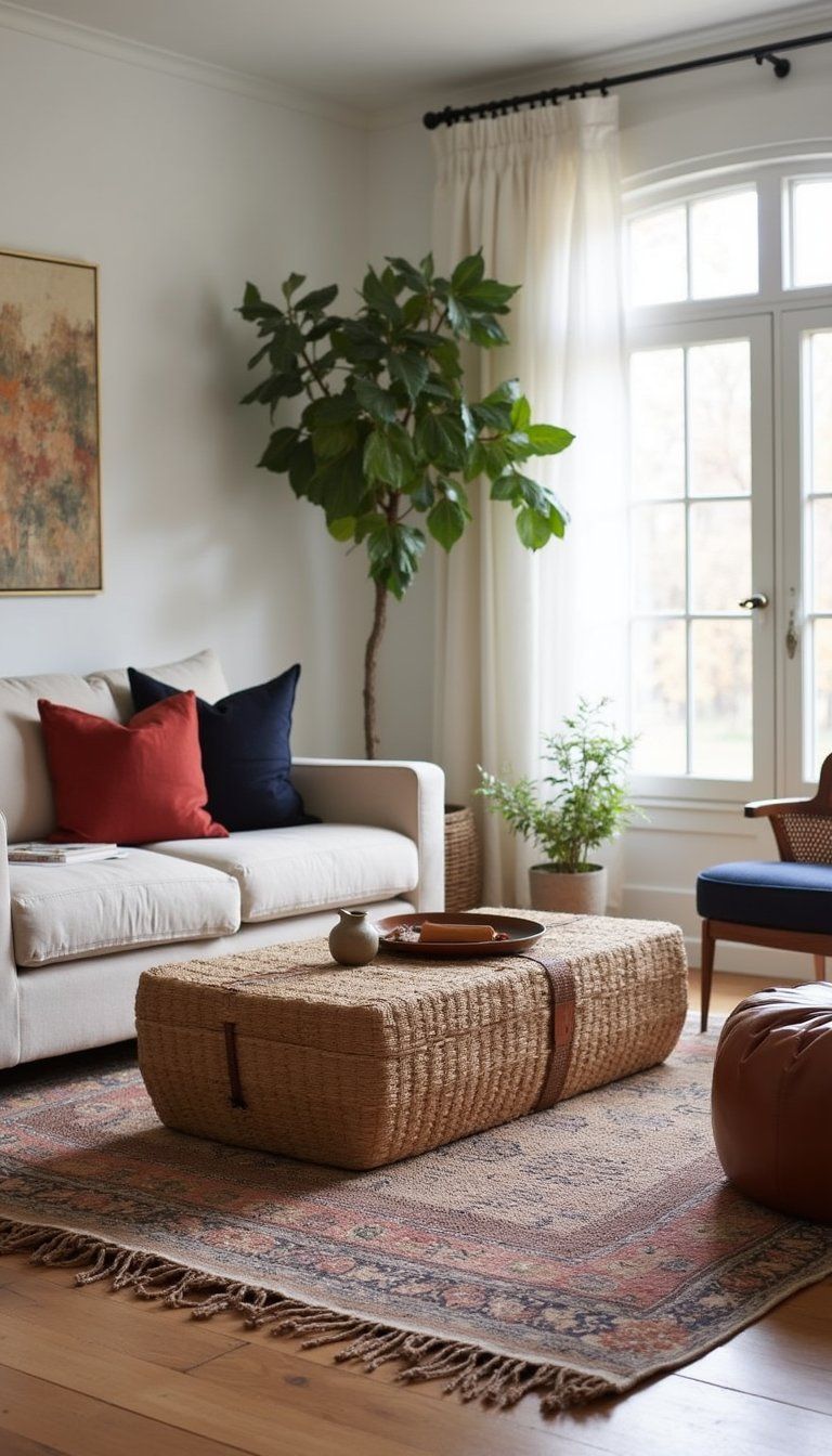 Layered Rugs With Rattan Coffee Table