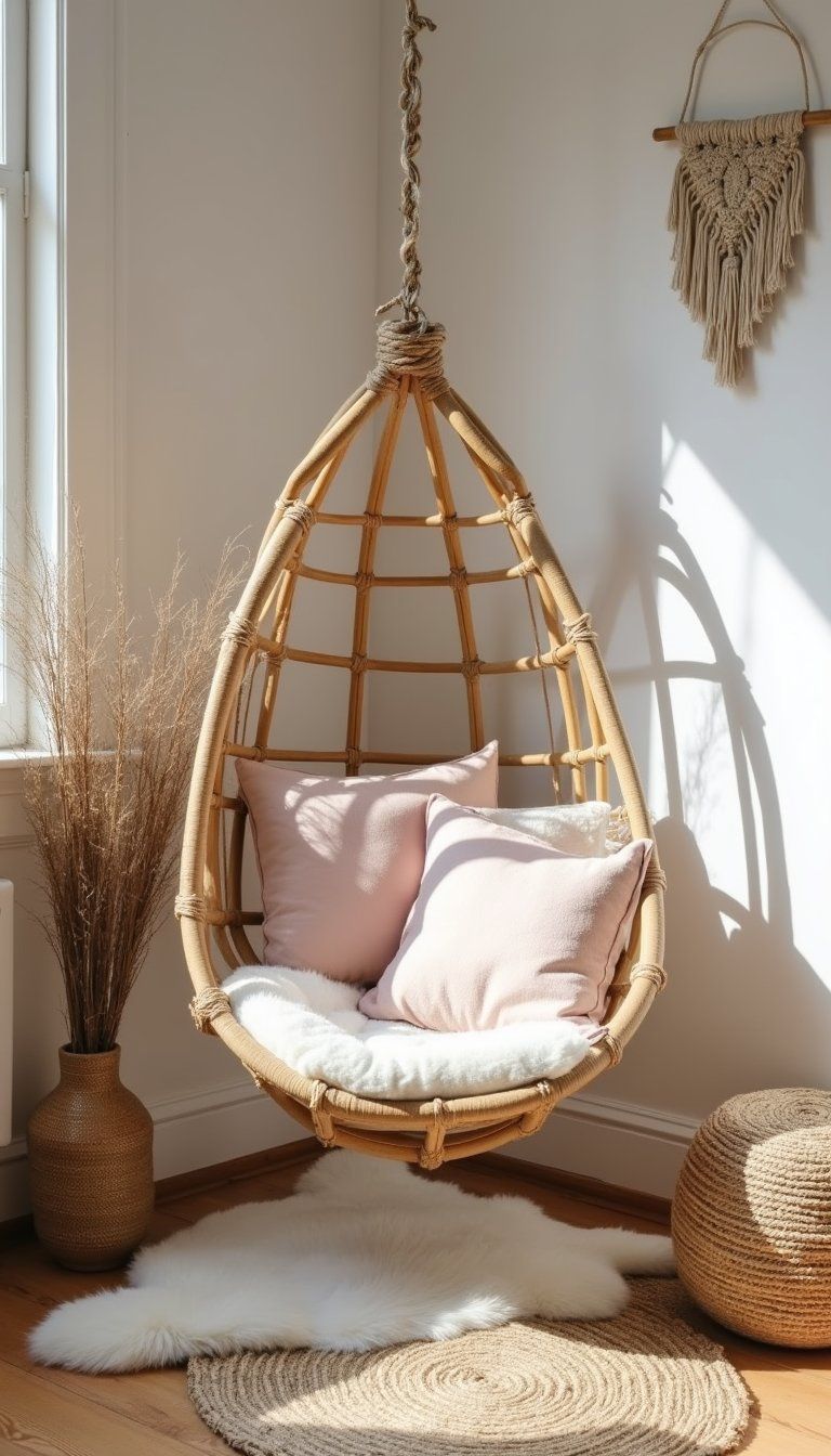 Layered Textiles Around Rattan Swing Chair