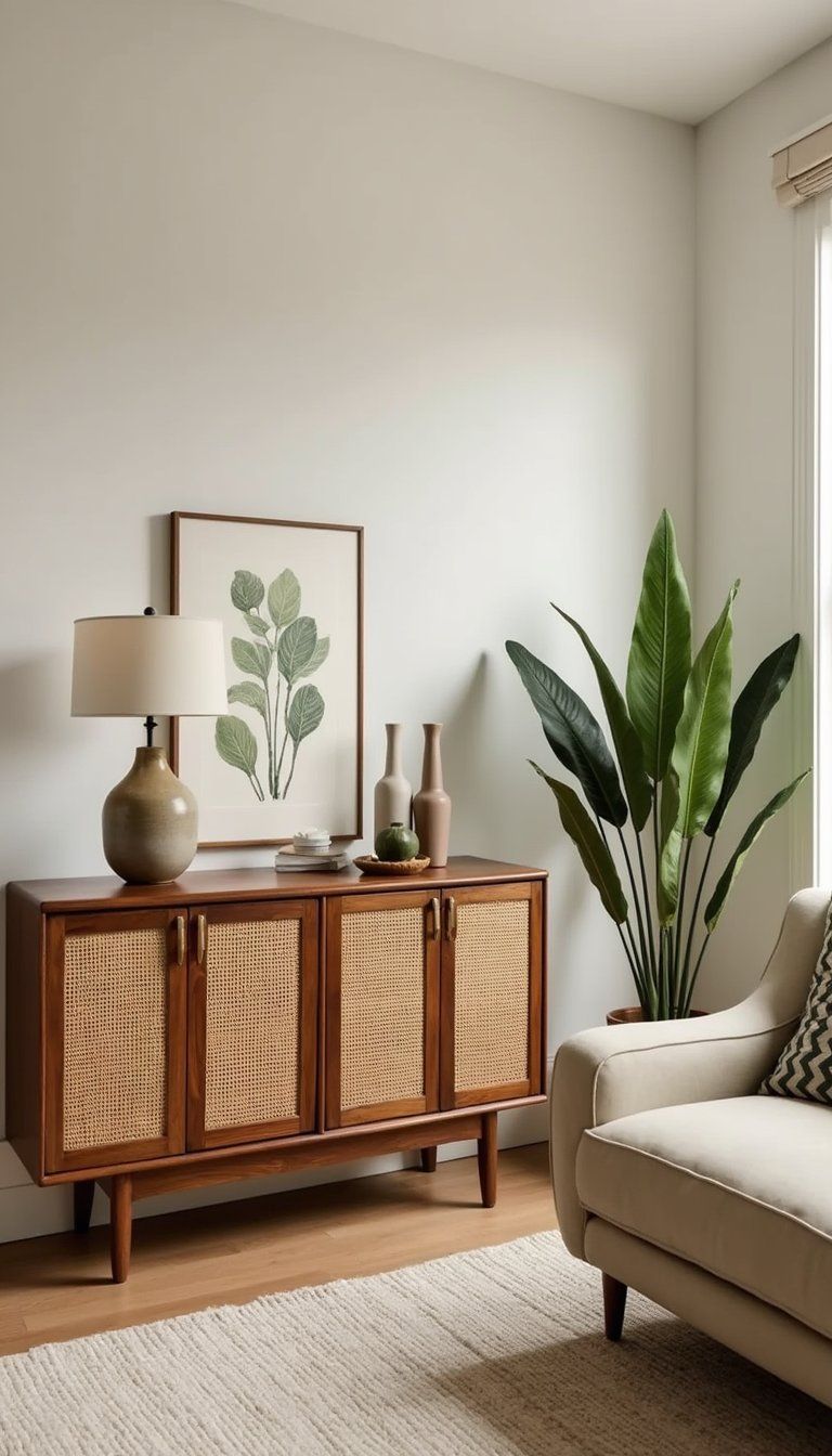 Midcentury Rattan Console With Sculptural Lamp