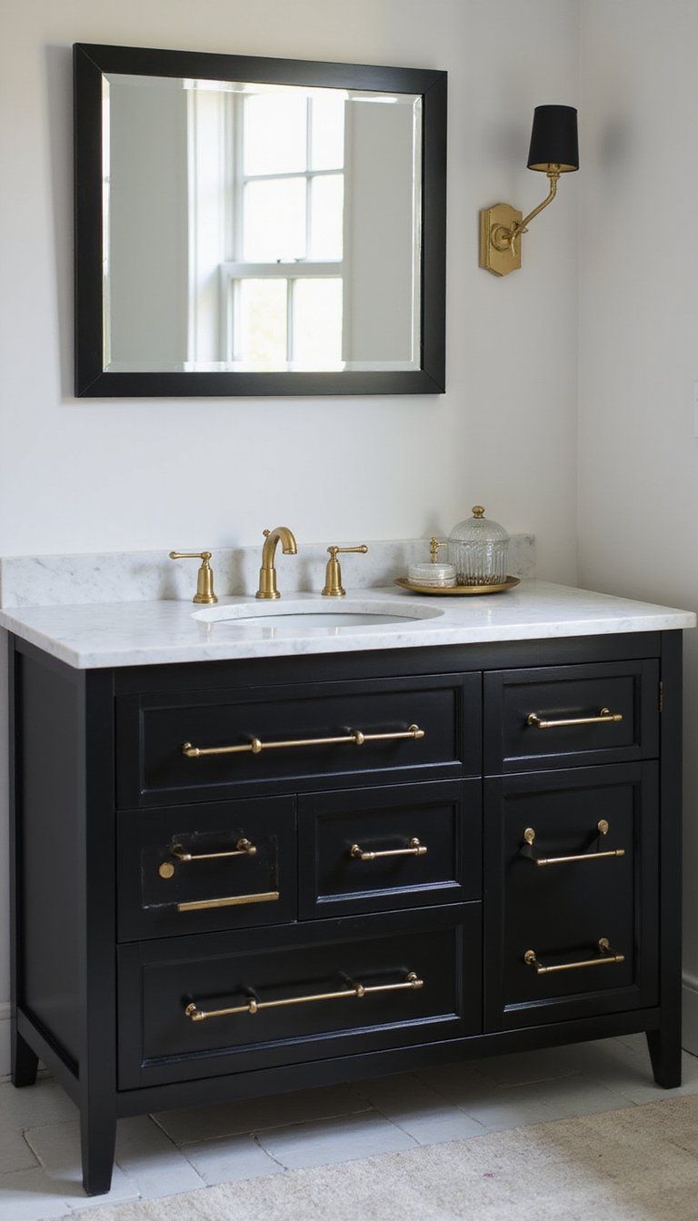 Black Lacquer Cabinetry With Gold Pulls