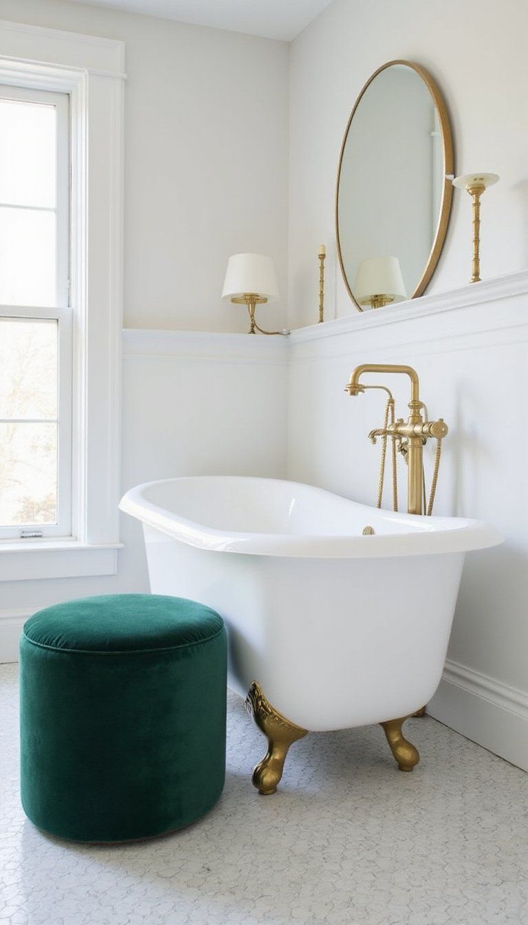 Clawfoot Bathtub With Velvet Stool Accent