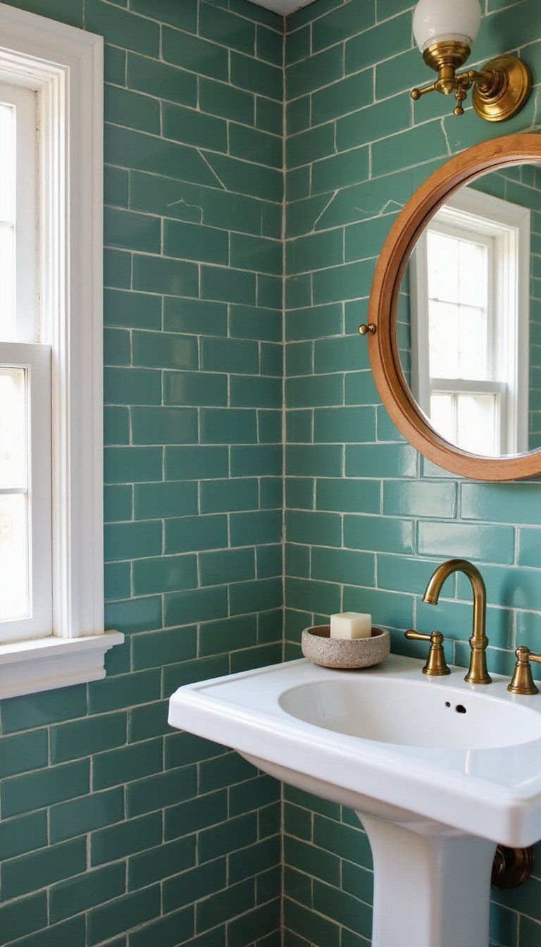 Emerald Green Subway Tiles With Brass Trim