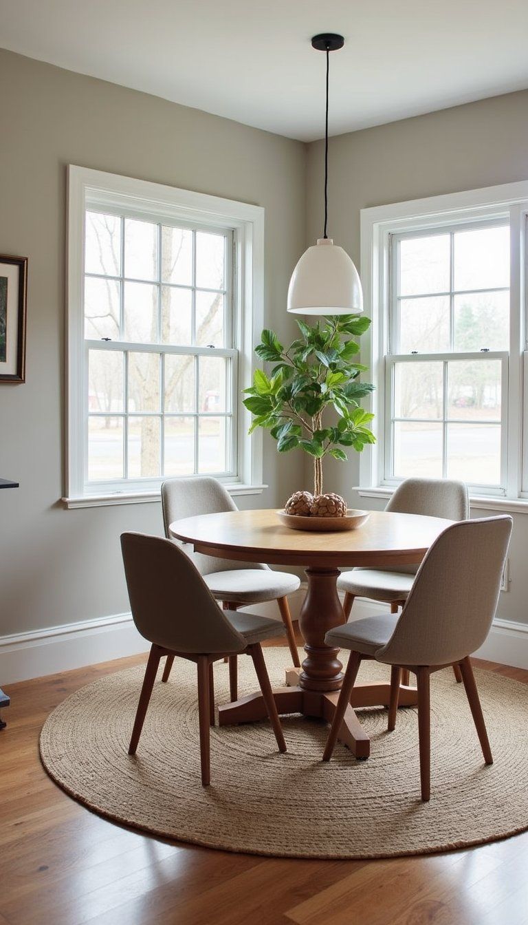 Layered Rugs Under Round Dining Table Statement