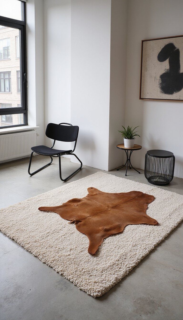 Leather Rug Accent Over Soft Wool For Edge