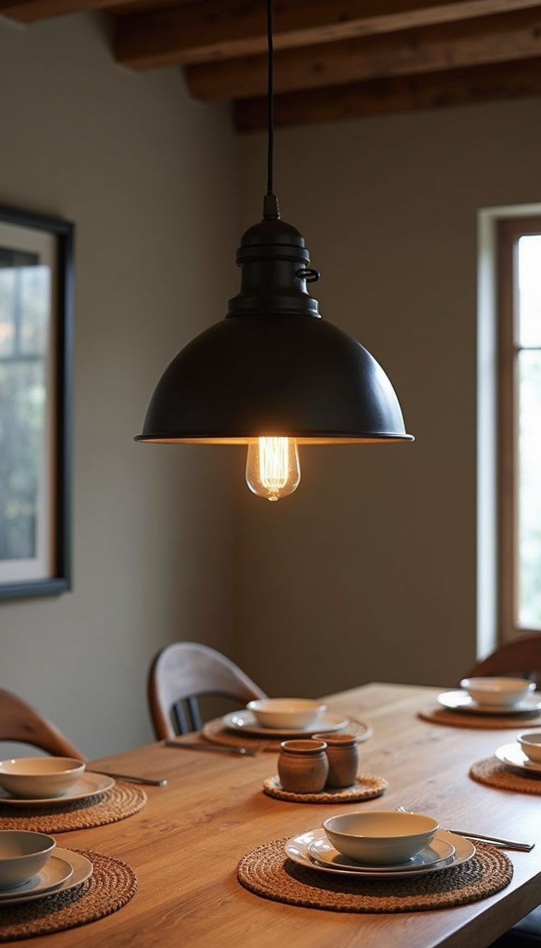 Industrial Black Metal Pendant Over Wooden Table
