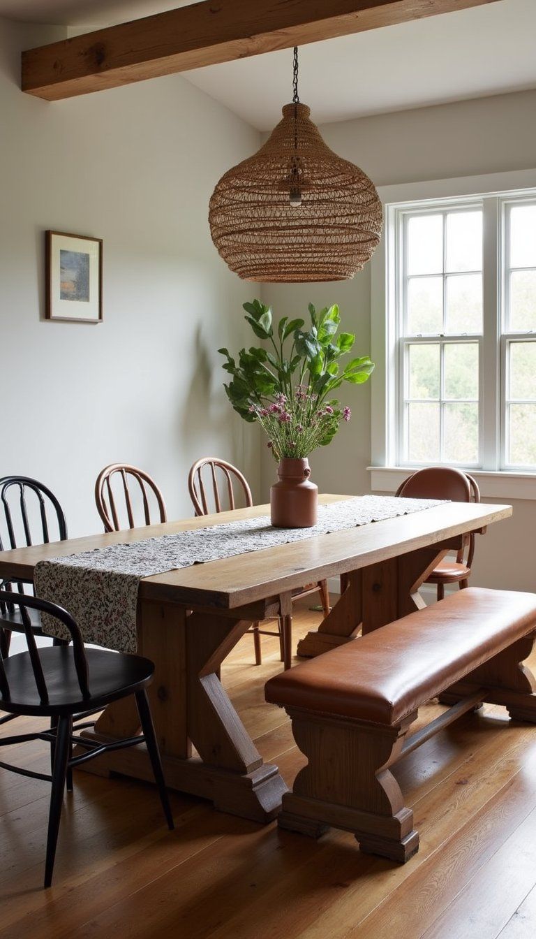 Mixed-Material Farmhouse Dining Set With Bench