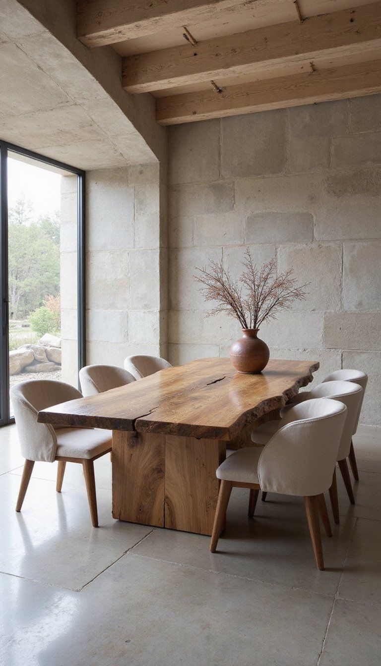 Raw-Edge Slab Table Paired With Linen Chairs