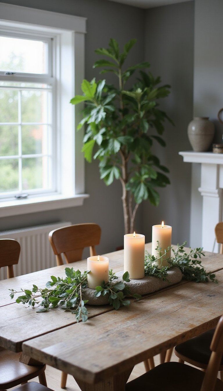 Stone Centerpiece With Candles And Greenery